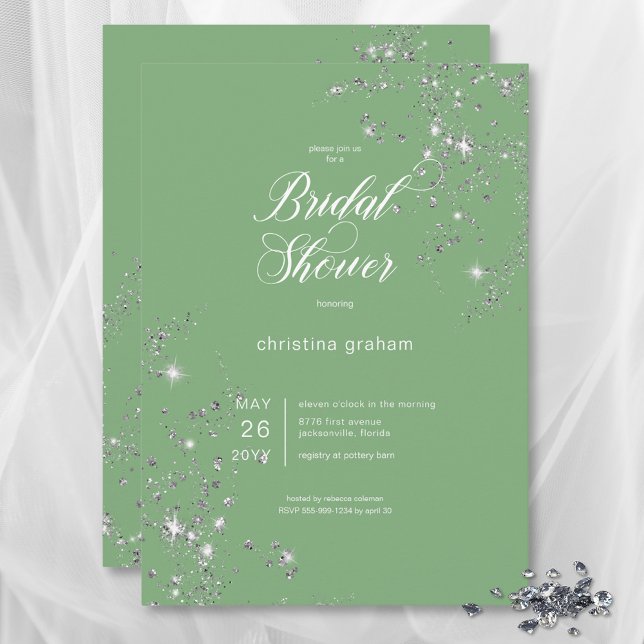 Modern Green & White Glam Diamonds Bridal Shower Invitation (Modern Green & White Glam Diamonds Bridal Shower Invitation)