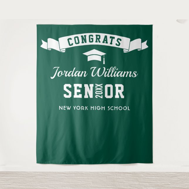Modern Green White Graduation Photo Backdrop Tapestry (Front)