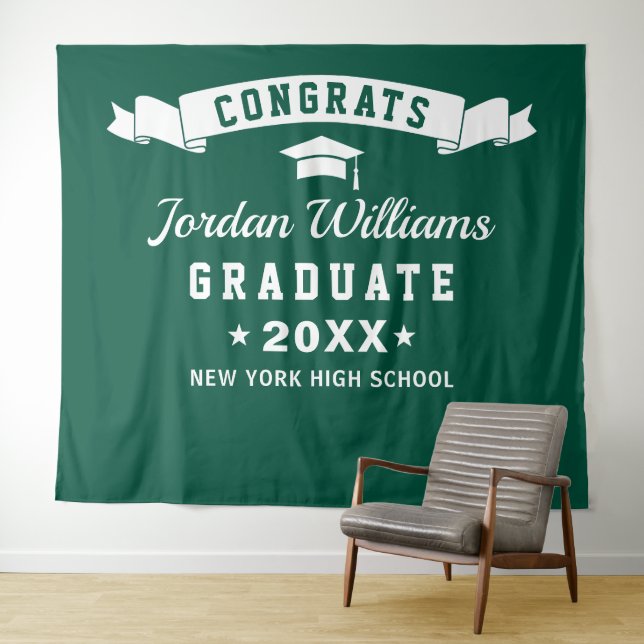 Modern Green White Graduation Photo Backdrop Tapestry (In Situ (Horizontal))