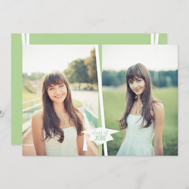 Modern Green & White Graduation Photo Invitations (Front/Back)