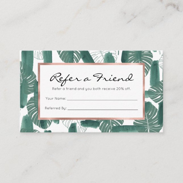 Modern Green White Monstera Leaves Brushstrokes Referral Card (Front)