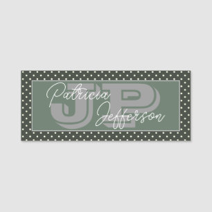 Modern Green White Polka Dots: Elegant Monogrammed Name Tag