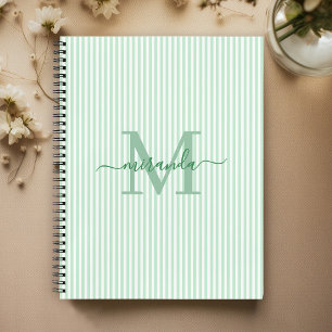 Modern Green & White Stripes Monogram Name Notebook