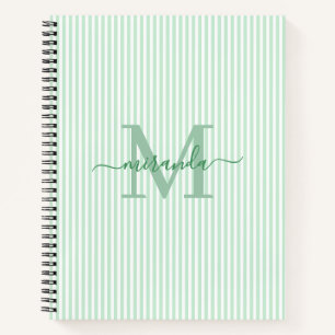 Modern Green & White Stripes Monogram Name Notebook