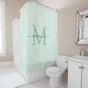 Modern Green & White Stripes Monogram Name Shower Curtain