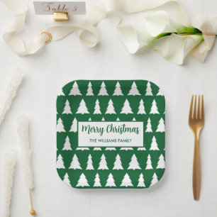 Modern Green White Tree Pattern Christmas Party Paper Plate