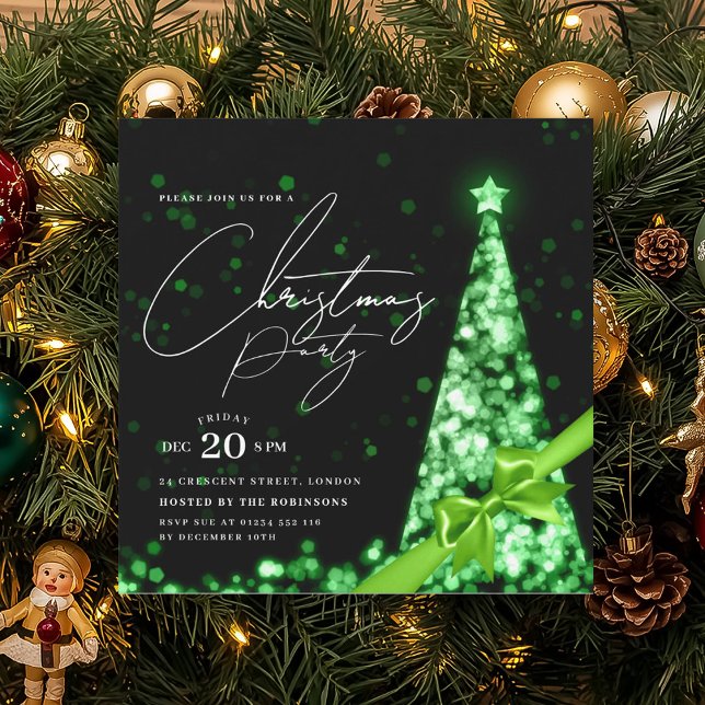 MODERN Green Winter Christmas Tree Bow Party  Invitation (MODERN Green Winter Christmas Tree Bow Party Invitation)