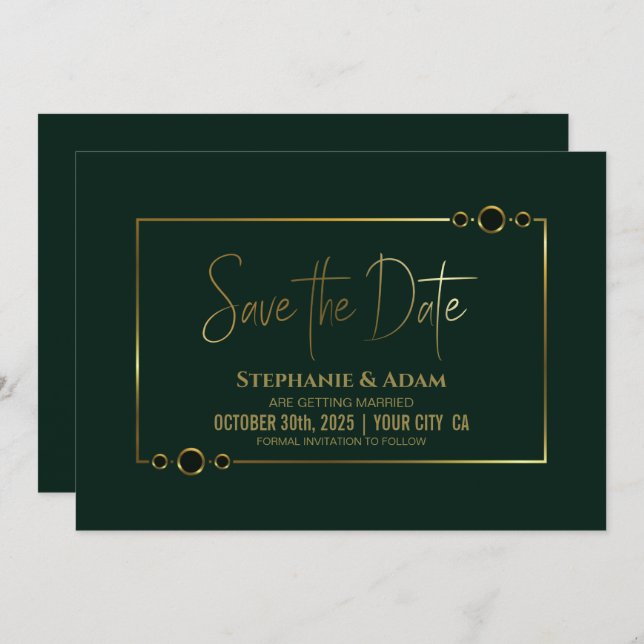 Modern Green with Gold Frame Wedding Save the Date (Front/Back)