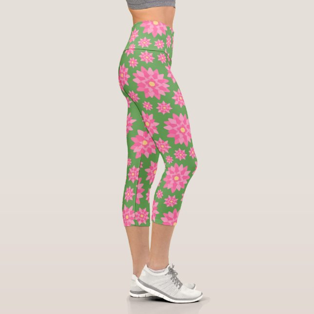 Modern Green with Pink Flowers Capri Leggings (Right)