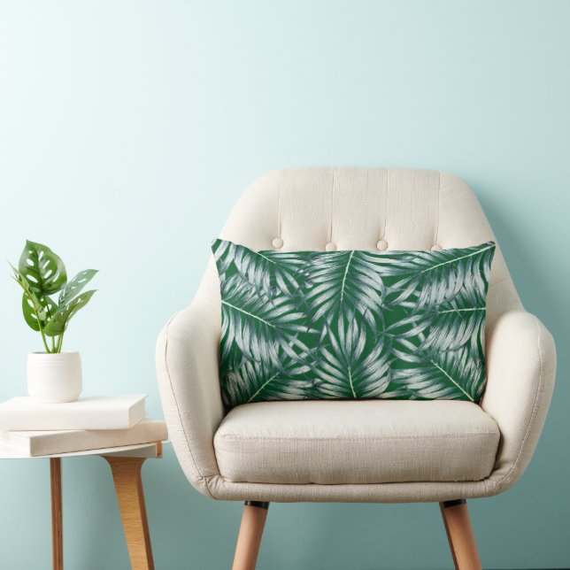 Modern Green with tropical fern leaves Lumbar Cushion (Chair)