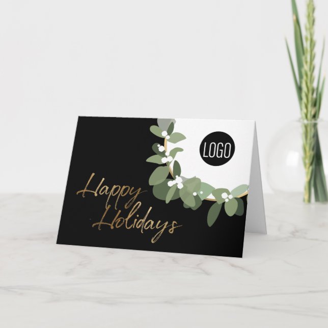 Modern Green Wreath Black Corporate Happy Holidays Holiday Card (Front)