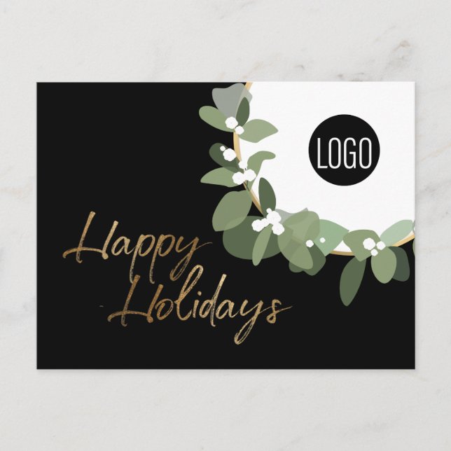Modern Green Wreath Black Corporate Happy Holidays Holiday Postcard (Front)