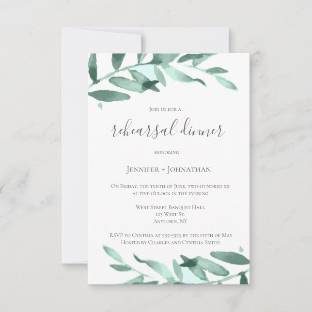 Modern green wreath rehearsal dinner invitations (Front)