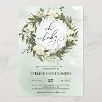 Modern Green Wreath White Roses Oh Baby Shower