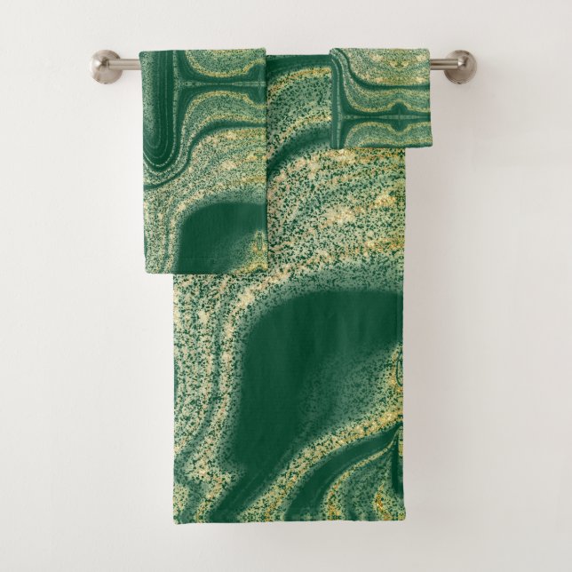 Modern green yellow abstract marble pattern bath towel set (Insitu)
