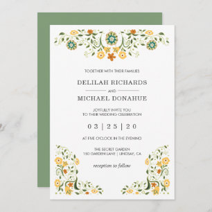 Modern Green Yellow Floral Wedding Invitation