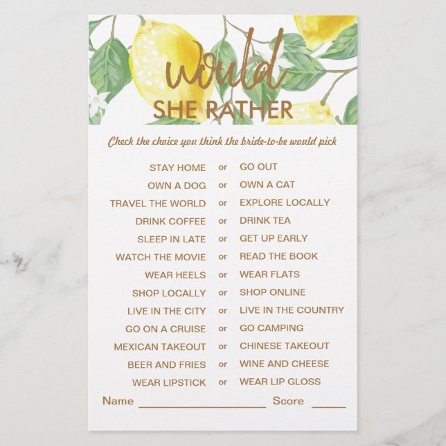 Modern Green Yellow Lemon Bridal Shower Game (Front)