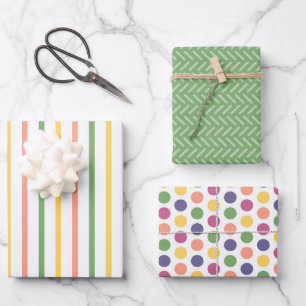 Modern Green, Yellow, Orange Stripes and Polka Dot Wrapping Paper Sheet