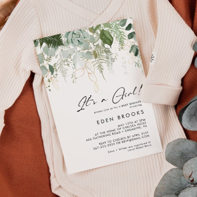 Modern Greenery and Gold Its A Girl Baby Shower Invitation (Creator Uploaded)