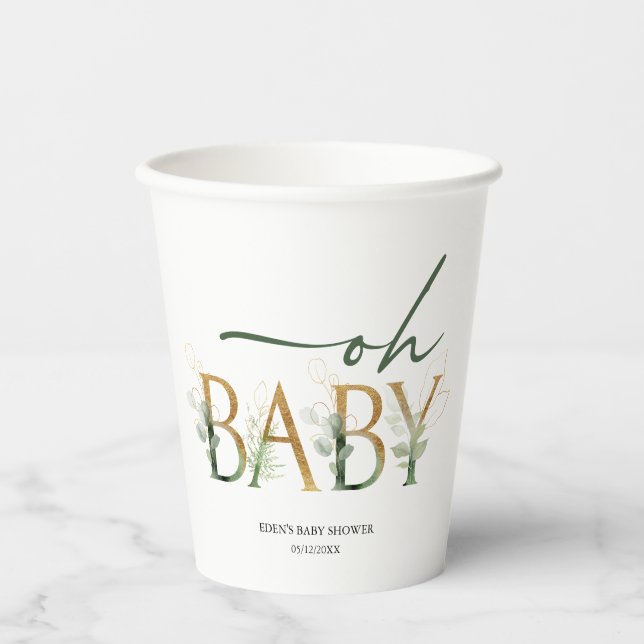 Modern Greenery and Gold Oh Baby Baby Shower Paper Cups (Front)