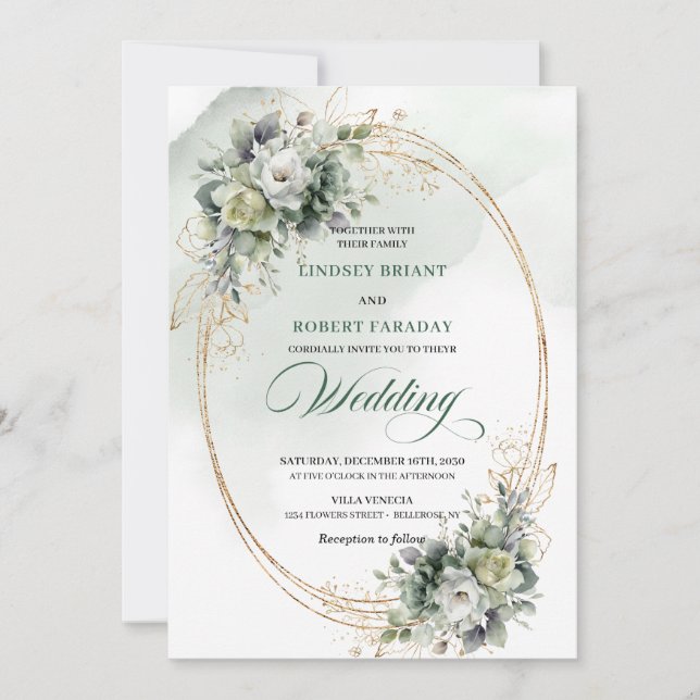 Modern Greenery and Gold Wedding Invitation (Front)