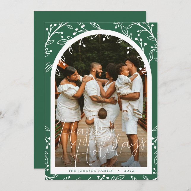 Modern Greenery Arch Family Photo Holiday Card (Front/Back)