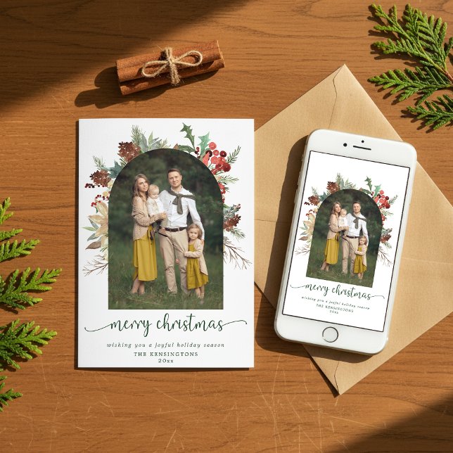 Modern Greenery Arch Merry Christmas Photo Holiday Card (Modern Greenery Arch Merry Christmas Photo Holiday Card with Instant Download Option)