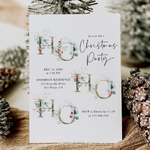 Modern Greenery & Berries Ho Ho Ho Christmas Party Invitation