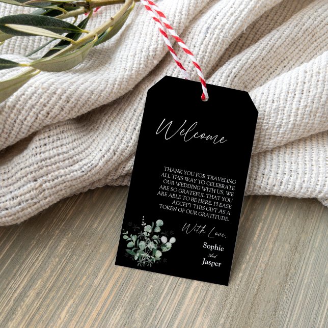 Modern Greenery Black Destination Wedding Welcome Gift Tags (Creator Uploaded)