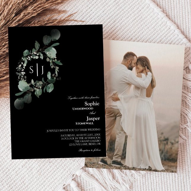 Modern Greenery Black Monogram Photo Wedding Invitation (Creator Uploaded)