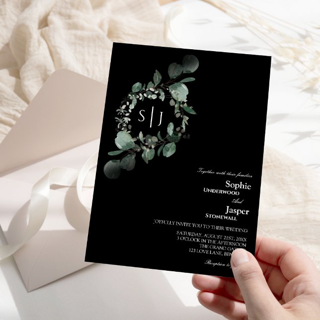 Modern Greenery Black Monogram Wedding Invitation (Creator Uploaded)