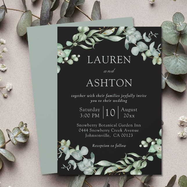 Modern Greenery Black Sage Simple Wedding Invitation (Creator Uploaded)