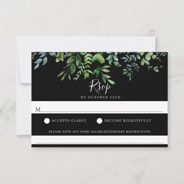 Modern Greenery Black Wedding Food Allergy RSVP (Front)