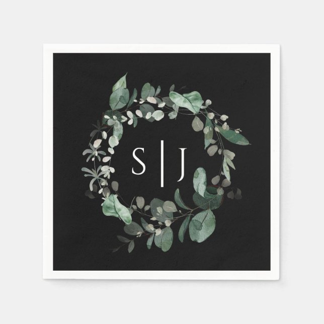Modern Greenery Black Wedding Monogram Napkin (Front)