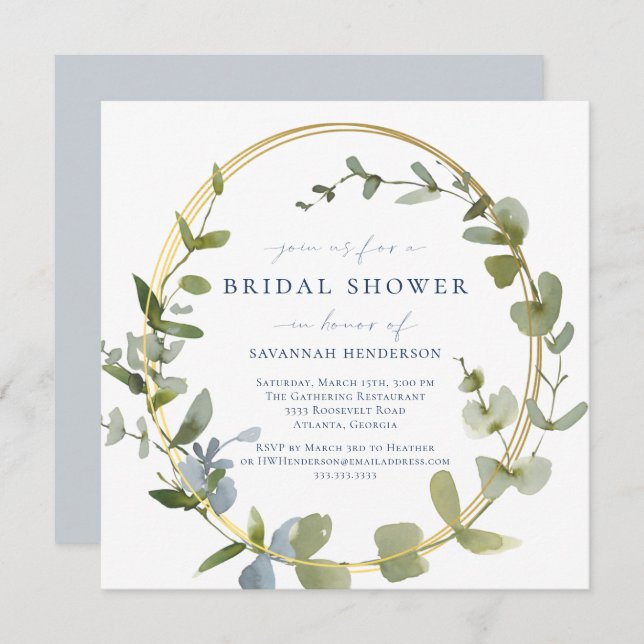 Modern Greenery Blue and Gold Bridal Shower Invitation (Front/Back)