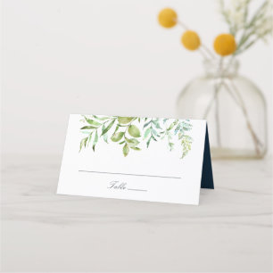 Modern Greenery Botanical Foliage Leaves Navy Place Card