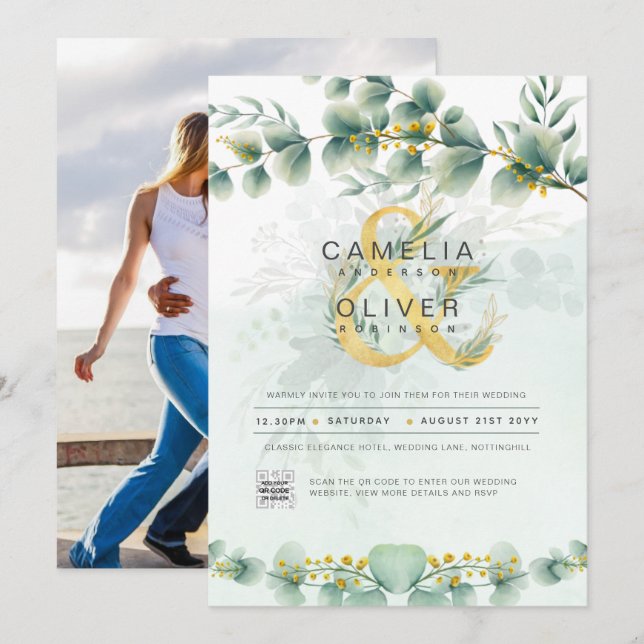 Modern Greenery Botanical Gold Wedding Invitation (Front/Back)