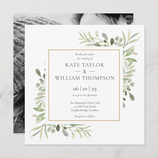 Modern Greenery Botanical Photo Wedding Invitation (Front/Back)