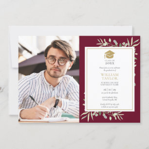 Modern Greenery Burgundy Graduation Party Photo  Invitation