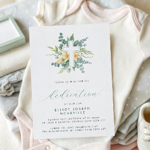 Modern Greenery Cross Script Baby Dedication Invitation