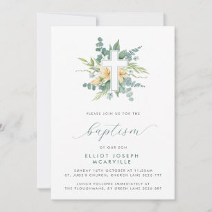Modern Greenery Cross Script Baptism Invitation