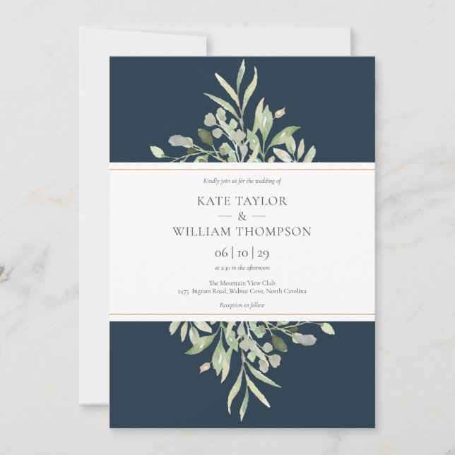 Modern Greenery Deep Sea Blue Wedding Invitation (Front)