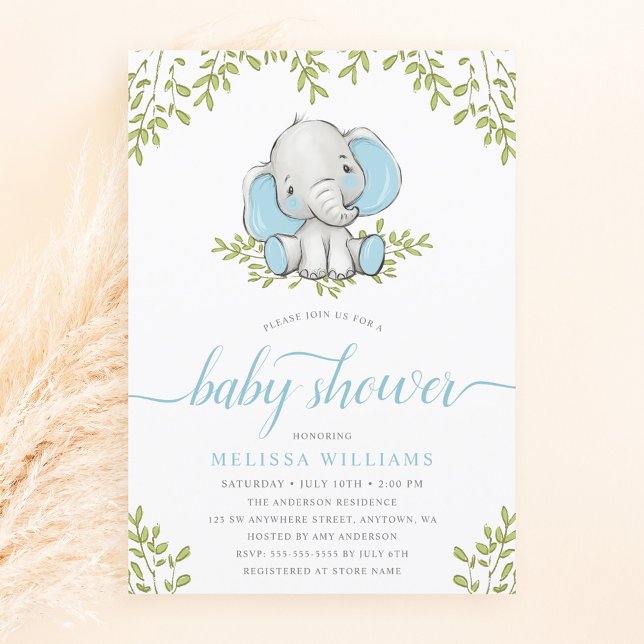 Modern Greenery Elephant Boy Baby Shower Invitation (Creator Uploaded)