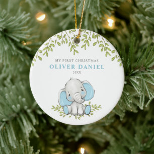 Modern Greenery Elephant Boy First Christmas Ceramic Tree Decoration