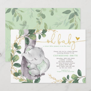 Modern Greenery Elephant Green Gold Baby Shower Invitation