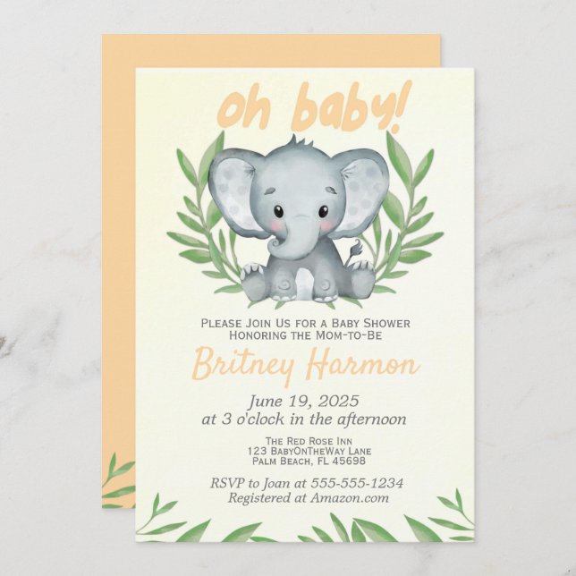 Modern Greenery Elephant Neutral Baby Shower Invit Invitation (Front/Back)