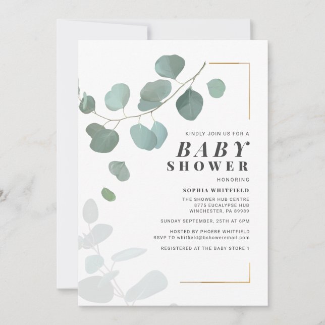 Modern Greenery Eucalyptus Botanical Baby Shower Invitation (Front)