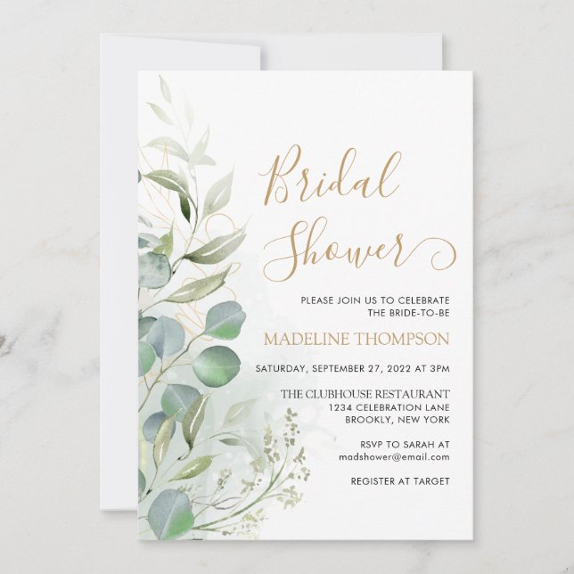 Modern Greenery Eucalyptus Gold Bridal Shower Invitation (Front)