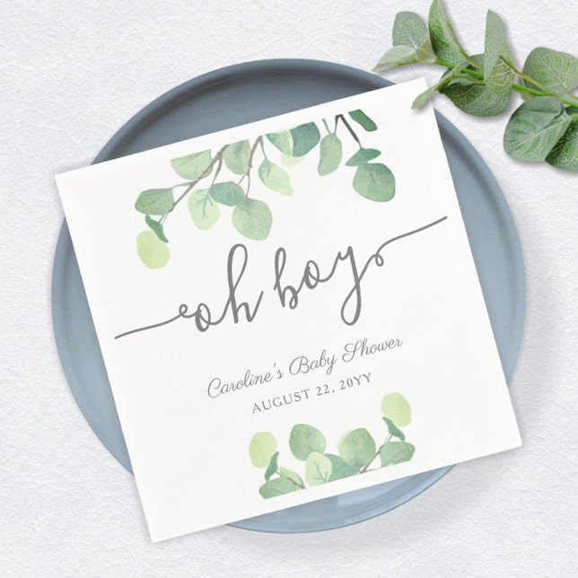 Modern Greenery Eucalyptus Oh Boy Baby Shower Napkin (Creator Uploaded)