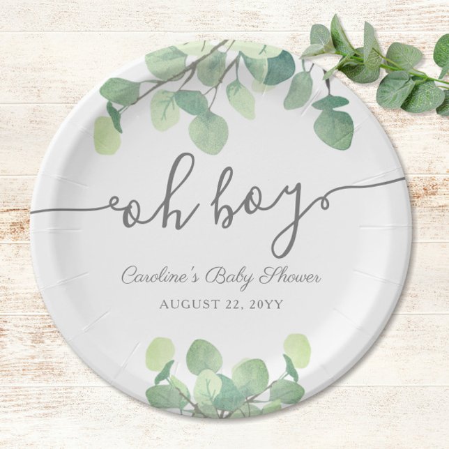 Modern Greenery Eucalyptus Oh Boy Baby Shower Paper Plate (Oh Boy! Eucalyptus Baby Boy Shower Paper Plates)